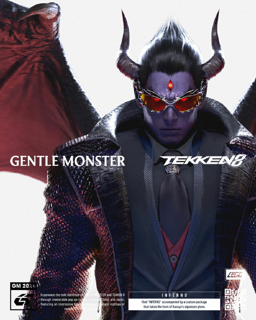 Gentle Monster Store with Tekken Elements: "Interior of Gentle Monster store during Tekken collaboration, featuring Kazuya-themed installations and gaming-inspired decor."