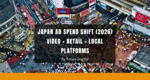 Japan digital advertising trends 2026 showing a Tokyo city background with icons for video, retail media, and LINE/Yahoo platforms