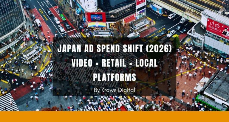 Japan digital advertising trends 2026 showing a Tokyo city background with icons for video, retail media, and LINE/Yahoo platforms
