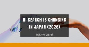 Robot hand with human hand, AI-powered search results on a phone in Japan, showing conversational answers and source links.