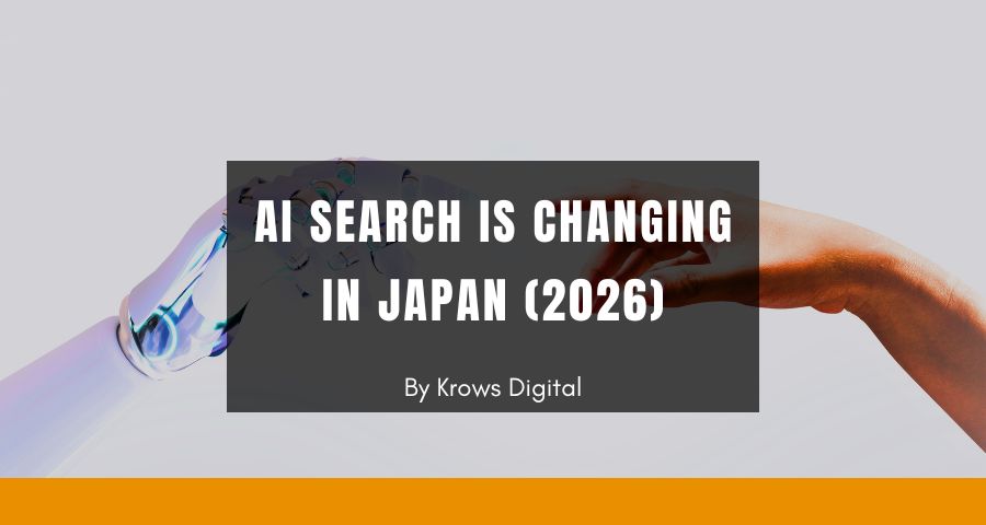 Robot hand with human hand, AI-powered search results on a phone in Japan, showing conversational answers and source links.